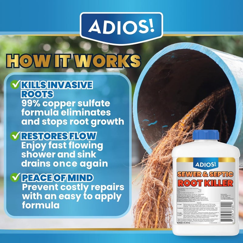 ADIOS! Sewer and Septic Root Killer for Trees and Shrubs, Copper Sulfate Formula Protects Sewer Pipes, Drains and Septic Tanks from Invasive Root Growth (2 Pound) - Image 2